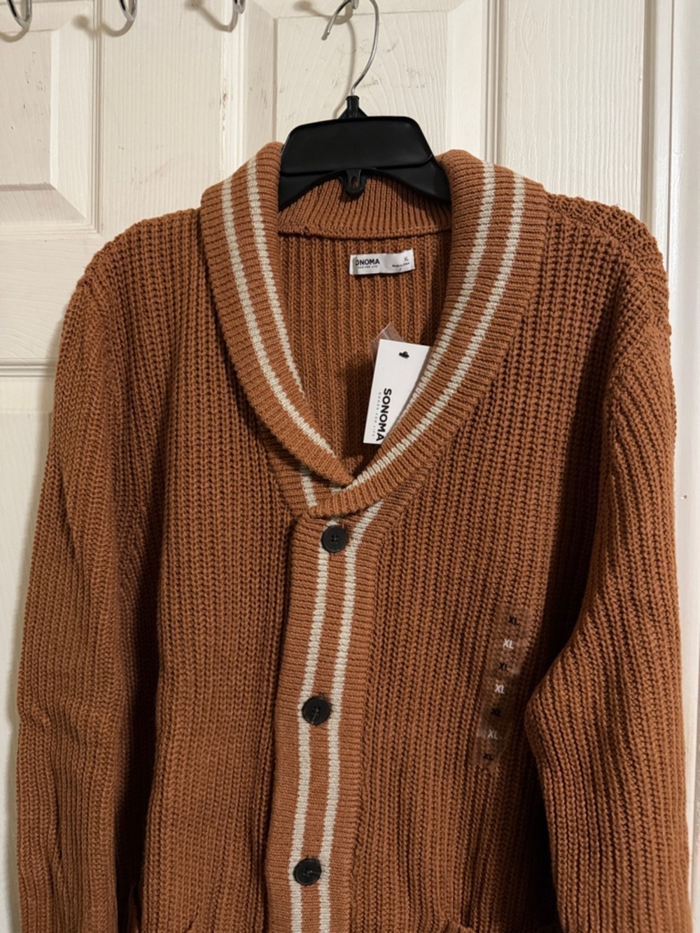 Sonoma Men's Shawl Collar Cardigan in Rust with Cream Trim